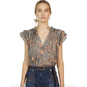 Ulla Johnson Alva Ruffled Printed Cotton-Blend Top Aegean Women's Size 0